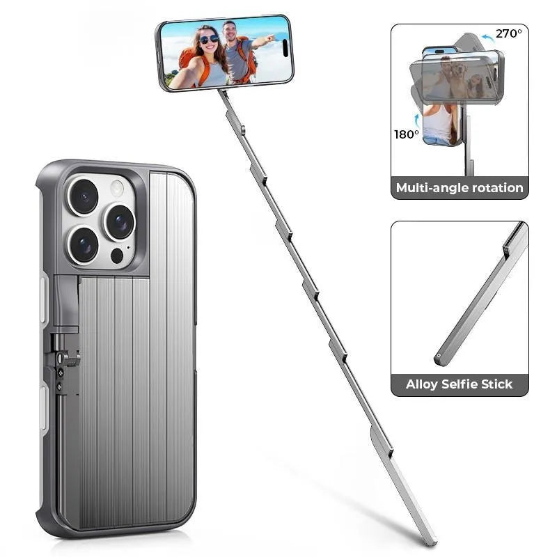 Limited Time: 30% OFF🤳 3-in-1 iPhone Case With Foldable Selfie Stick, Multi-Angle Rotating Stand, Bluetooth Remote for Vlog & Travel Shooting