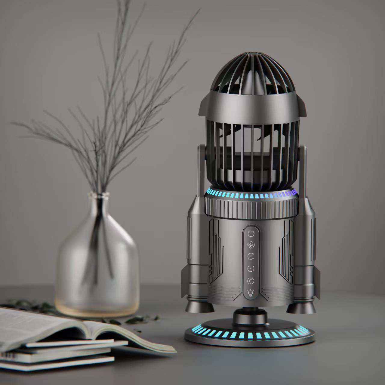 🚀 Rocket Shaped USB Rechargeable Portable Fan, 3 Speed Adjustable Mini Fan With Decorative Ambient Light, For Home, Outdoor, Garage & Hotel